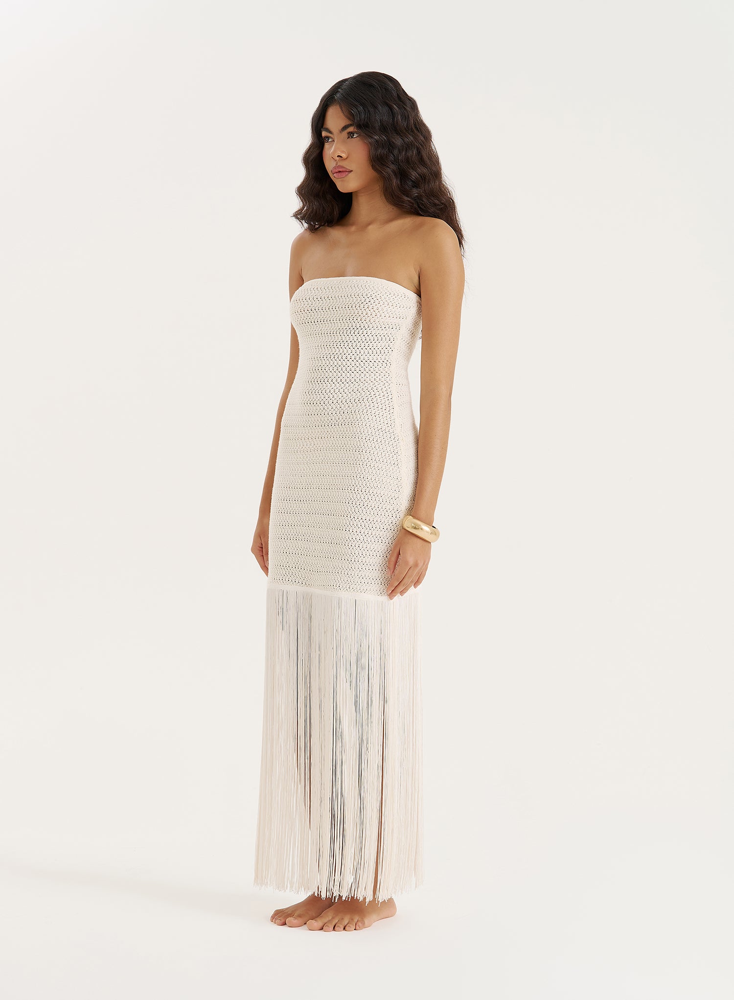 Cream Knitted Fringe Trim Dress